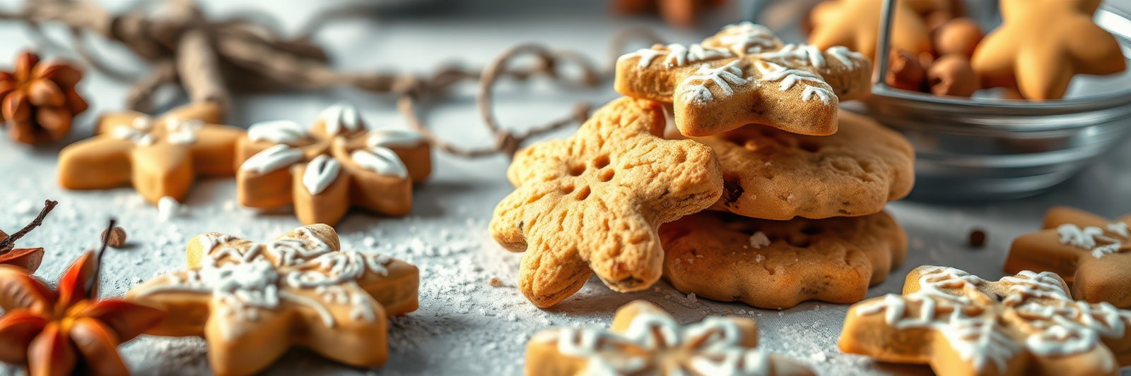Festive cookies arranged attractively with seasonal decorations and spices in a cozy kitchen setting